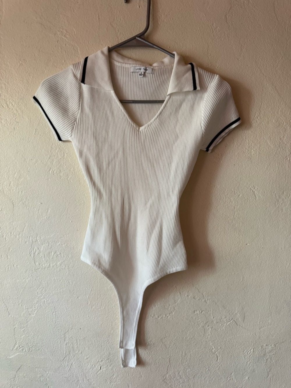 Ribbed White Polo V-Neck Bodysuit with Black Trim